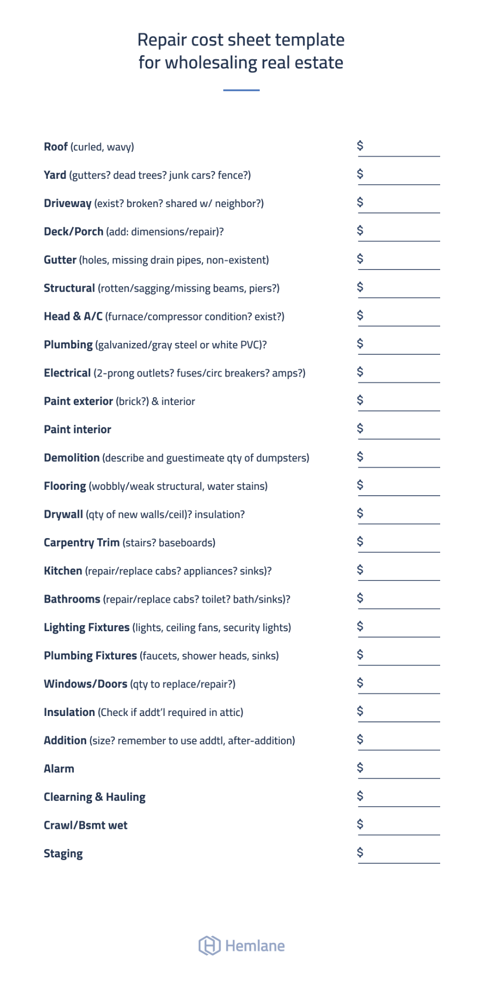 Home repair cost template - real estate wholesaling