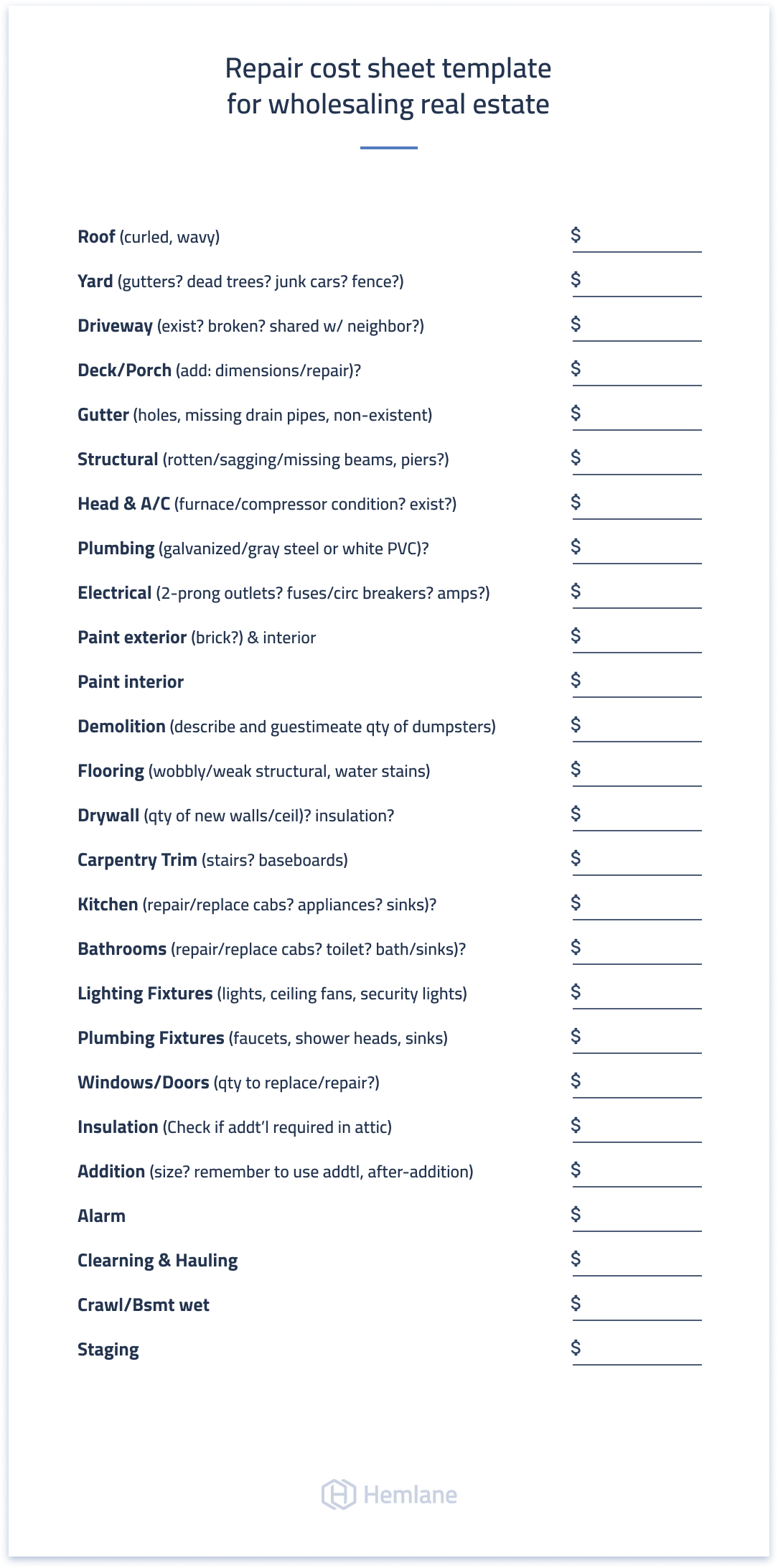 Repair cost template for BRRR real estate investors